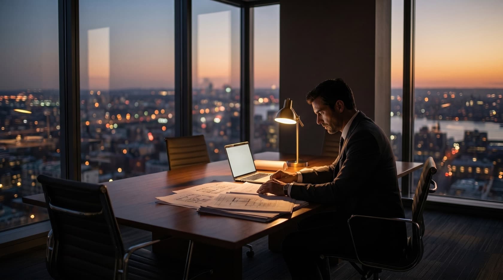 Founder reviewing printed plans at a desk in a high-rise office at dusk